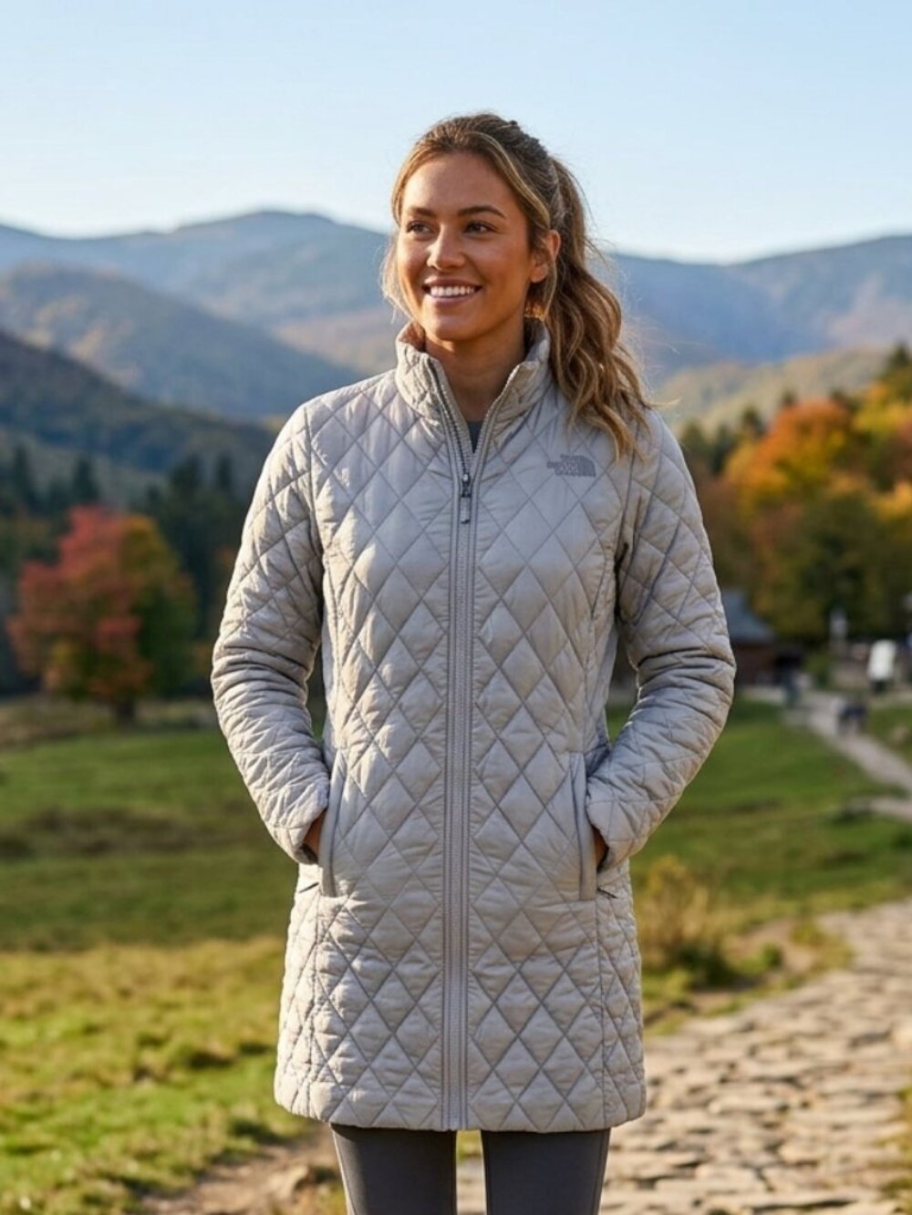 The North Face Diamond Quilted Long Parka Jacket Gray S/P Good Condition